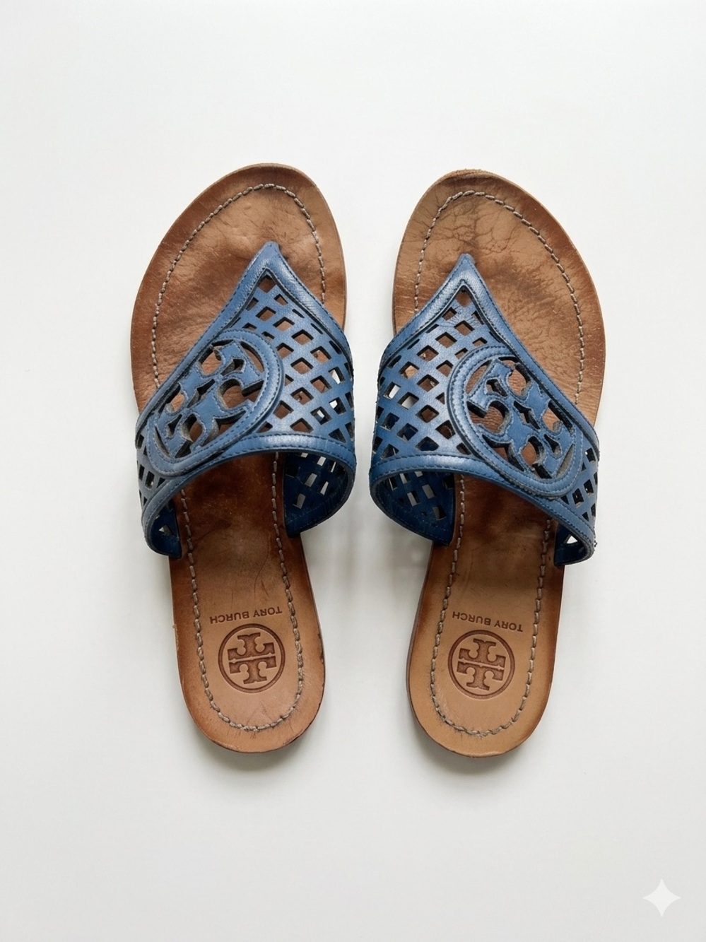 Tory Burch Navy Leather Cutout Logo Slide Sandals Thatched Perf, 5.5